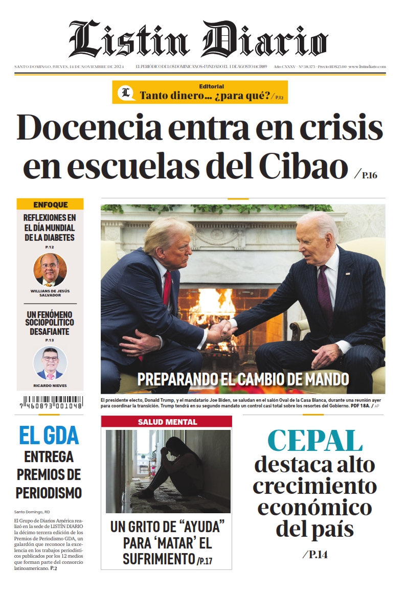 Portada Periódico Listín Diario, Jueves 14 Noviembre, 2024