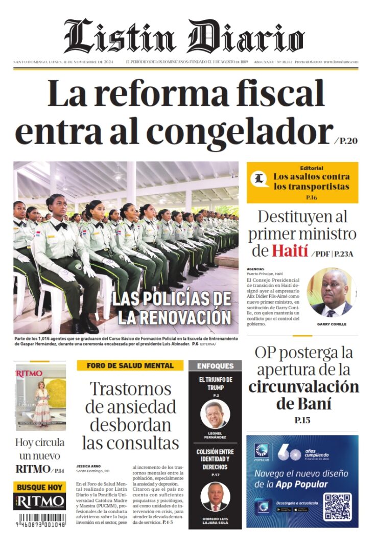 Portada Periódico Listín Diario, Lunes 11 Noviembre, 2024