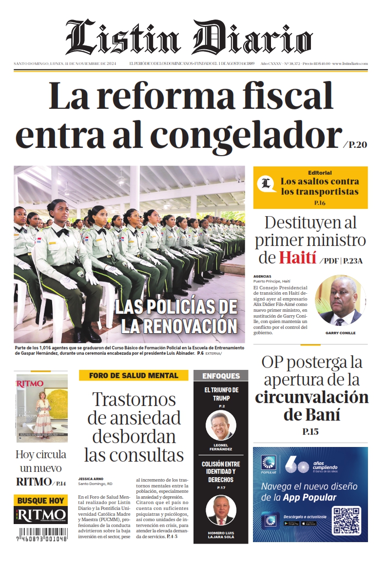 Portada Periódico Listín Diario, Lunes 11 Noviembre, 2024