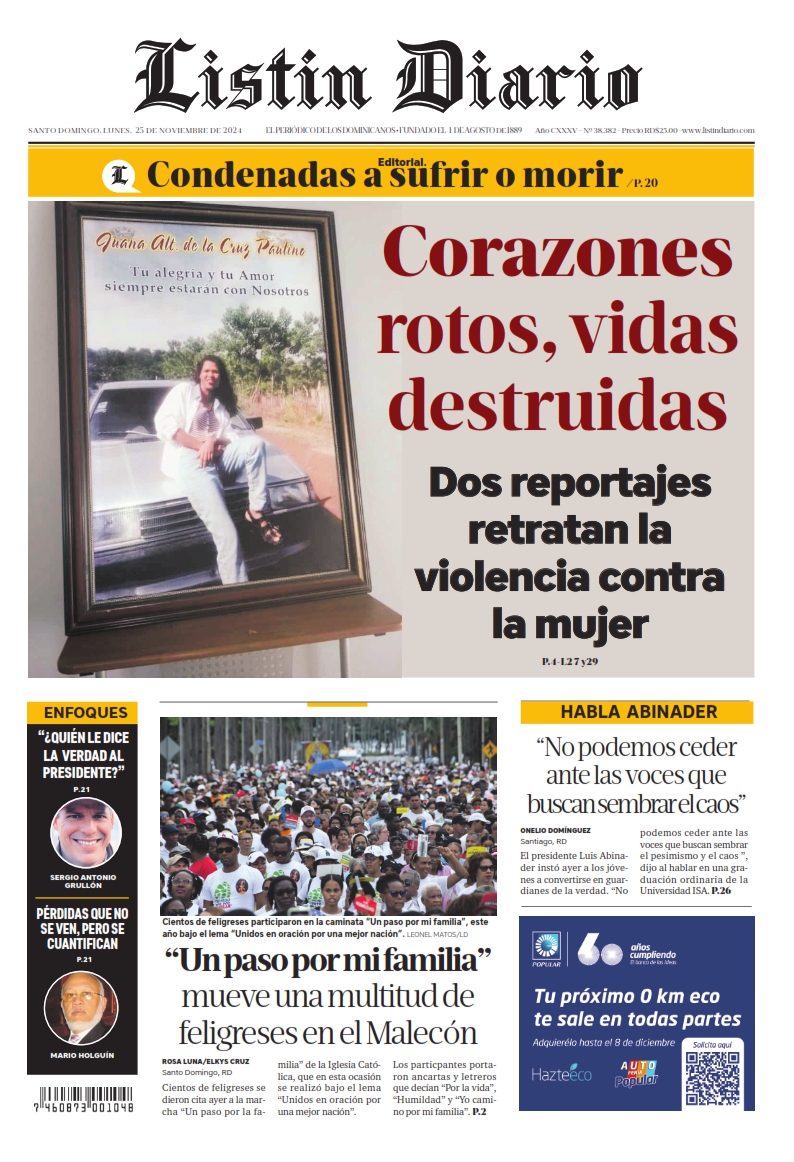 Portada Periódico Listín Diario, Lunes 25 Noviembre, 2024