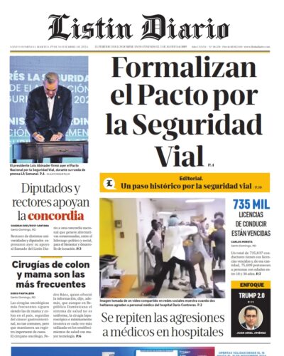 Portada Periódico Listín Diario, Martes 19 Noviembre, 2024