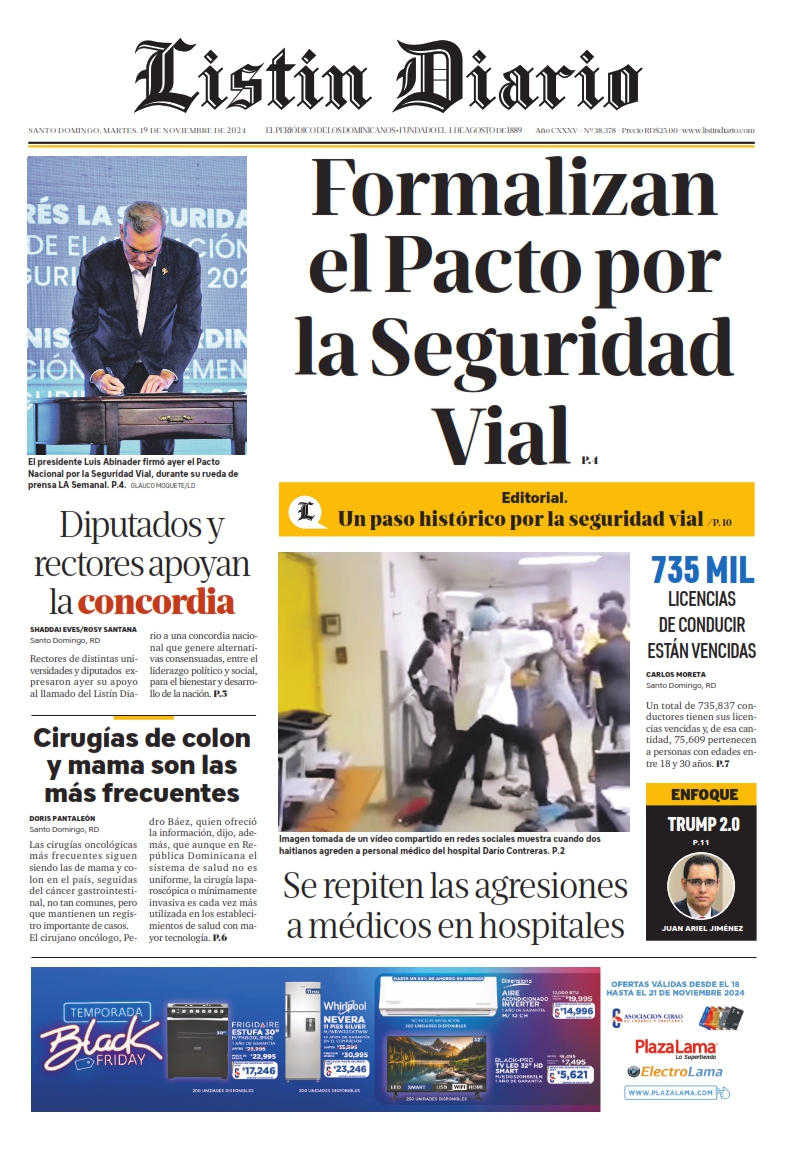 Portada Periódico Listín Diario, Martes 19 Noviembre, 2024