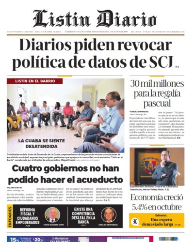 Portada Periódico Listín Diario, Martes 26 Noviembre, 2024