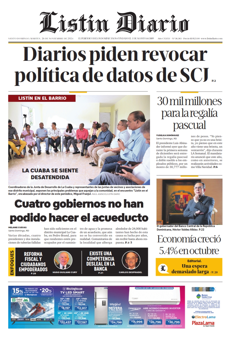 Portada Periódico Listín Diario, Martes 26 Noviembre, 2024