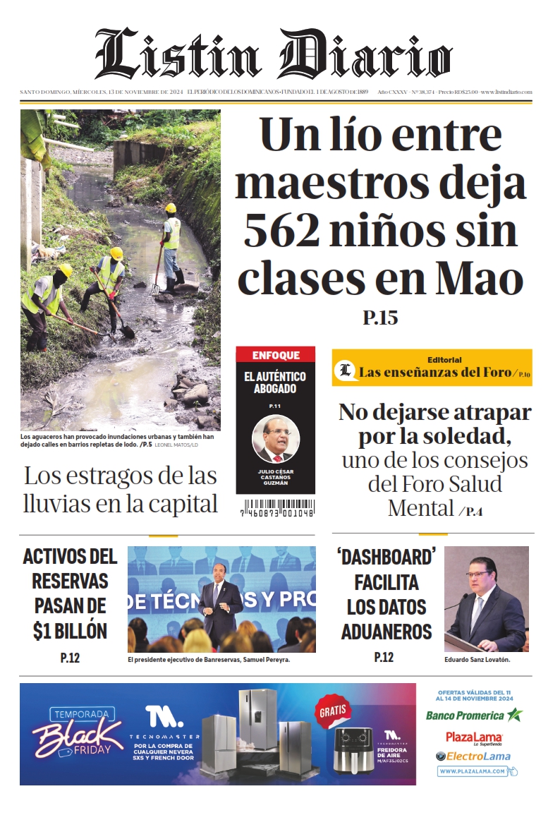 Portada Periódico Listín Diario, Miércoles 13 Noviembre, 2024