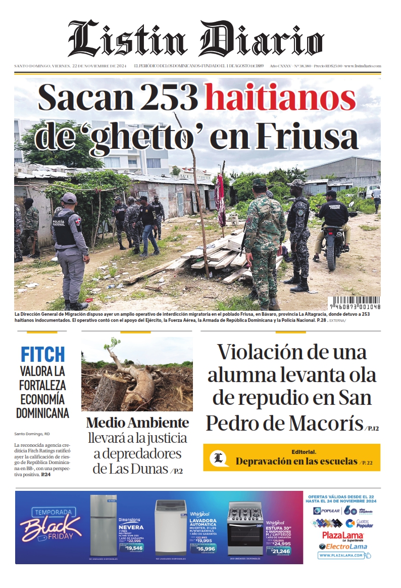 Portada Periódico Listín Diario, Viernes 22 Noviembre, 2024