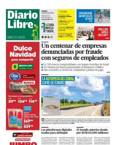 Portada Periódico Diario Libre, Jueves 12 Diciembre, 2024