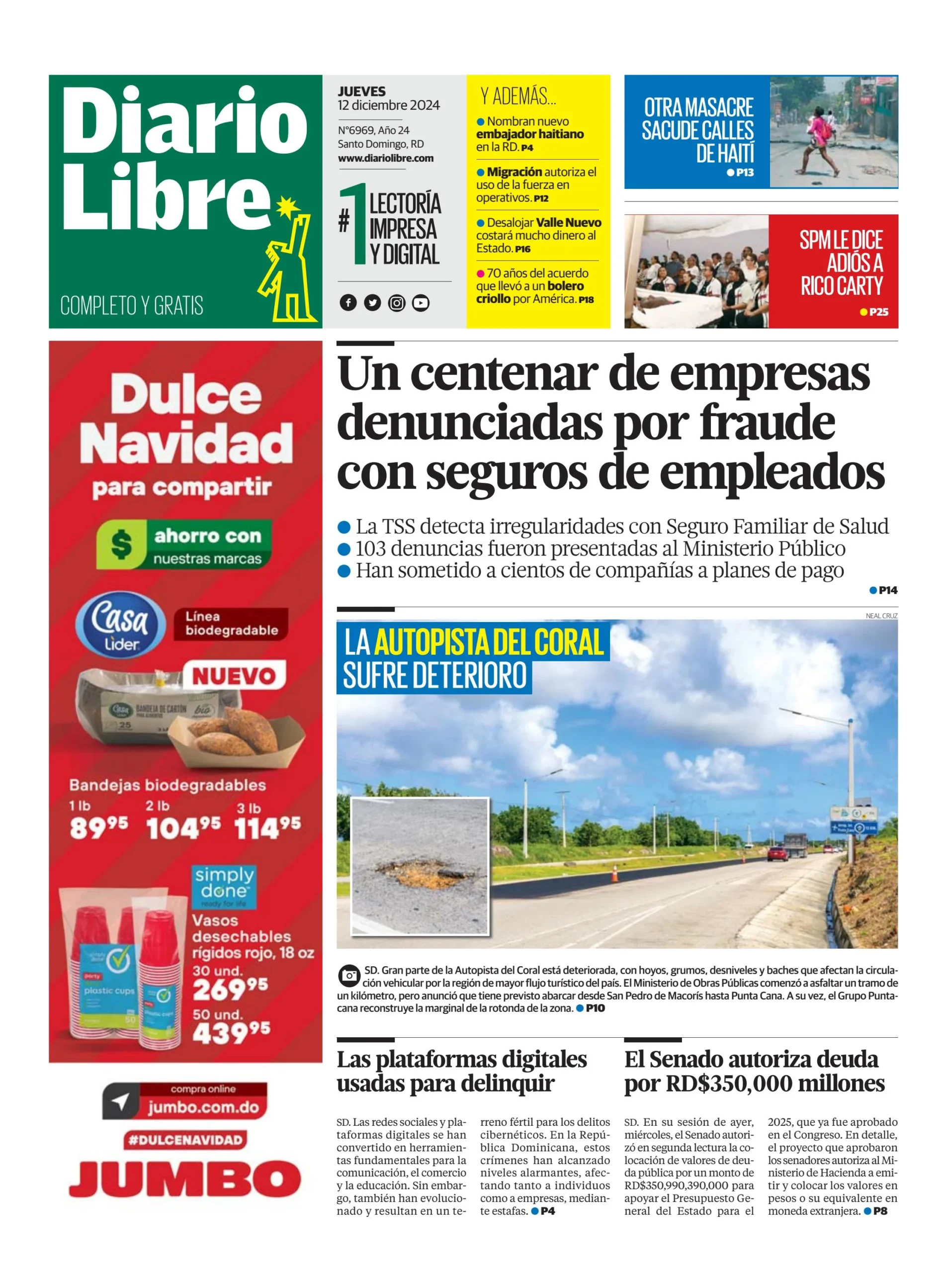 Portada Periódico Diario Libre, Jueves 12 Diciembre, 2024