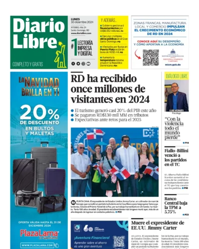 Portada Periódico Diario Libre, Lunes 30 Diciembre, 2024