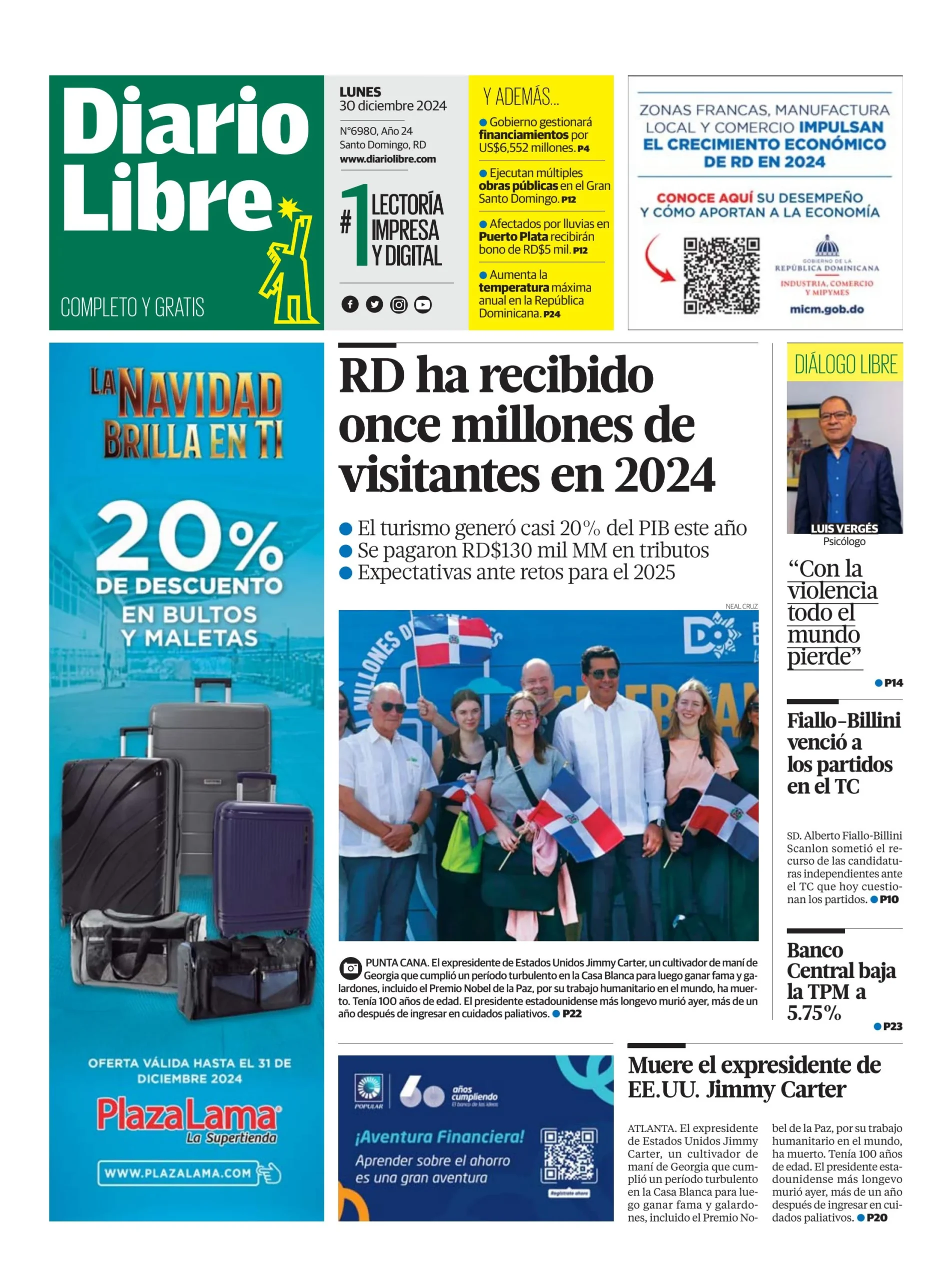 Portada Periódico Diario Libre, Lunes 30 Diciembre, 2024