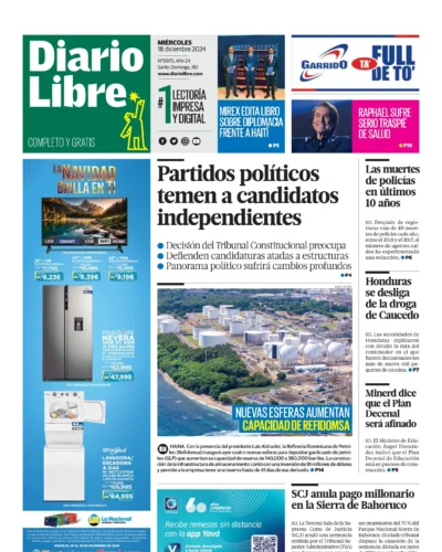 Portada Periódico Diario Libre, Miércoles 18 Diciembre, 2024