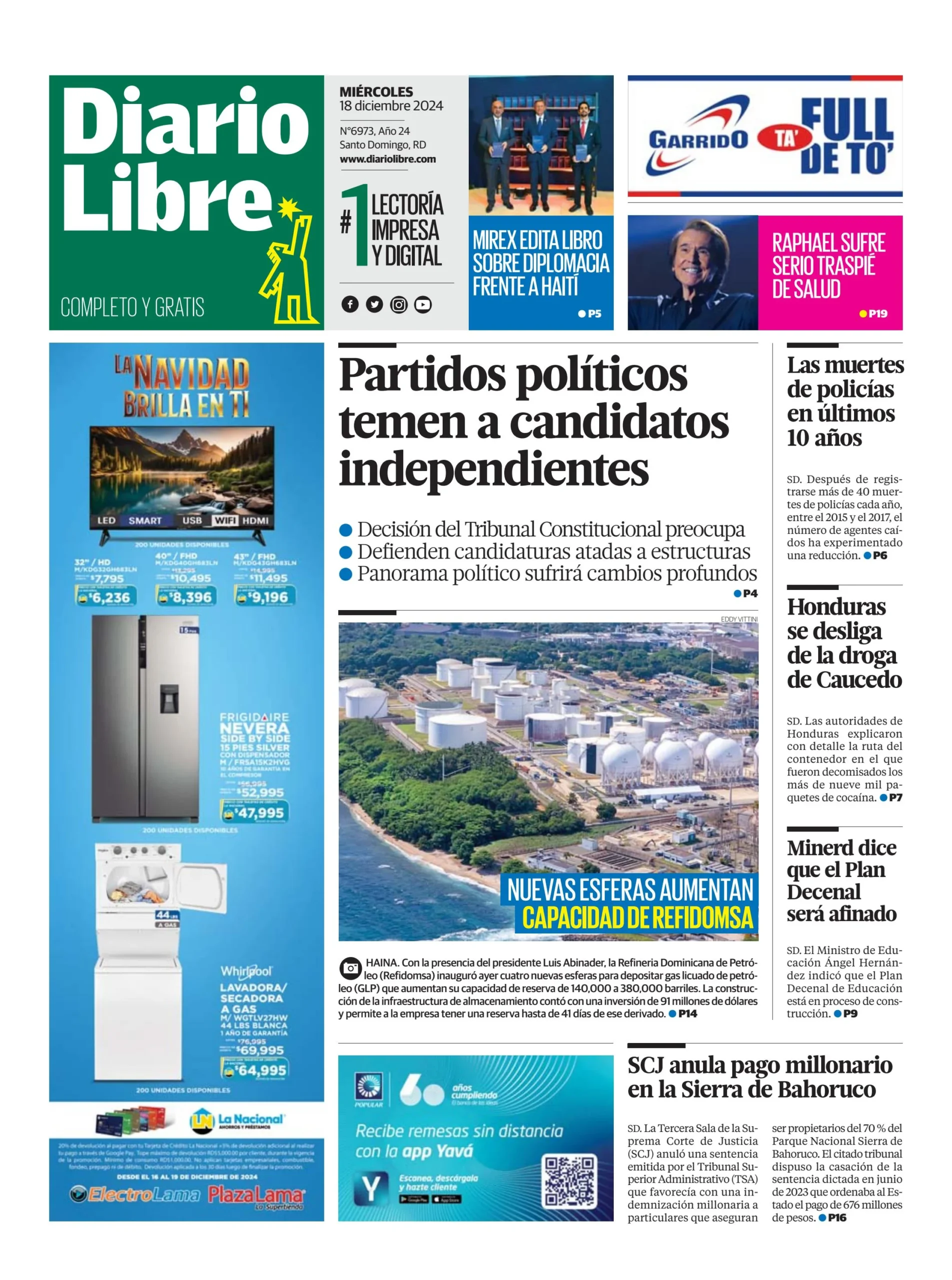 Portada Periódico Diario Libre, Miércoles 18 Diciembre, 2024