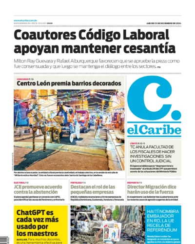 Portada Periódico El Caribe, Jueves 12 Diciembre, 2024