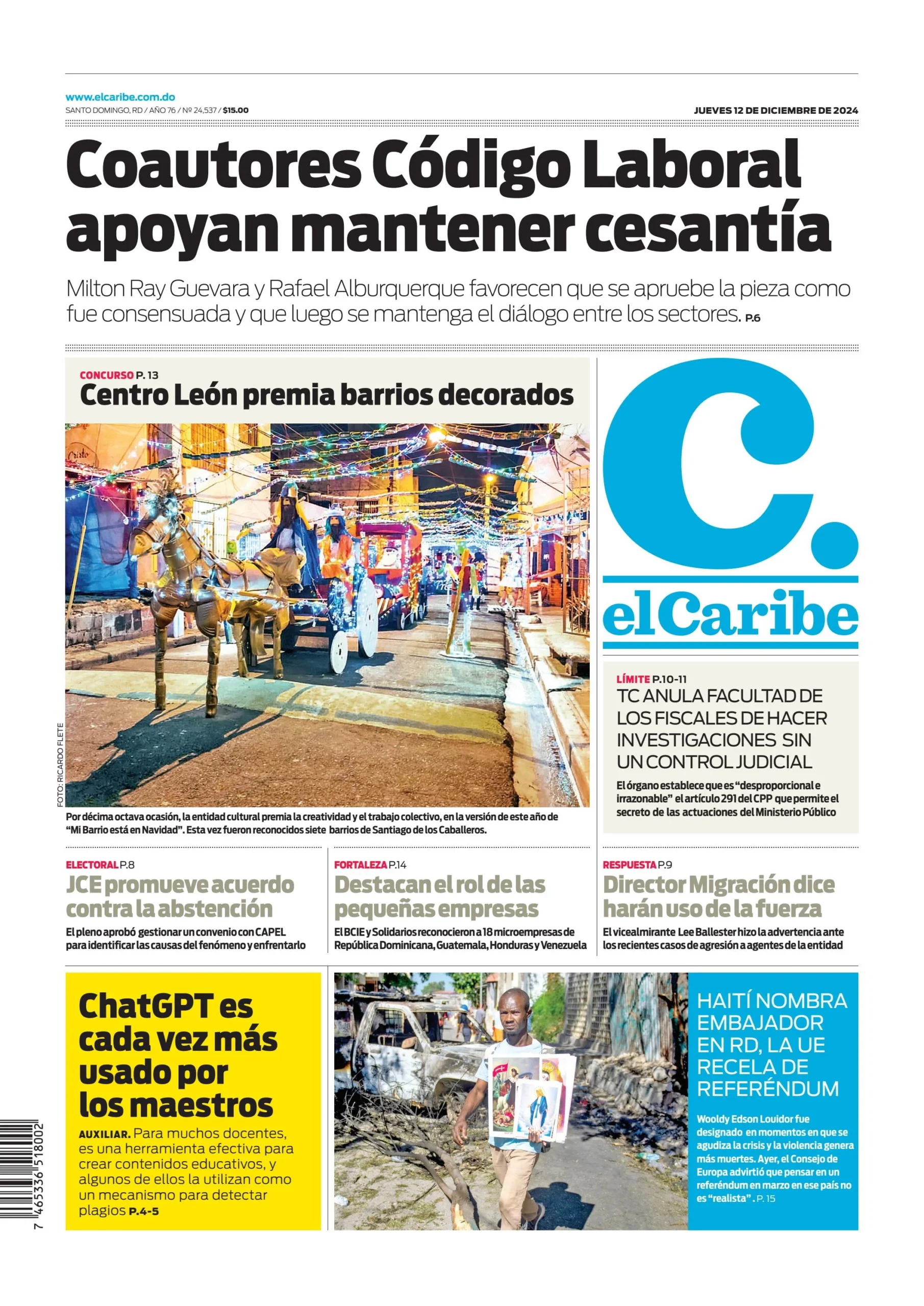 Portada Periódico El Caribe, Jueves 12 Diciembre, 2024