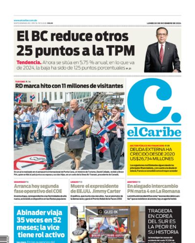 Portada Periódico El Caribe, Lunes 30 Diciembre, 2024