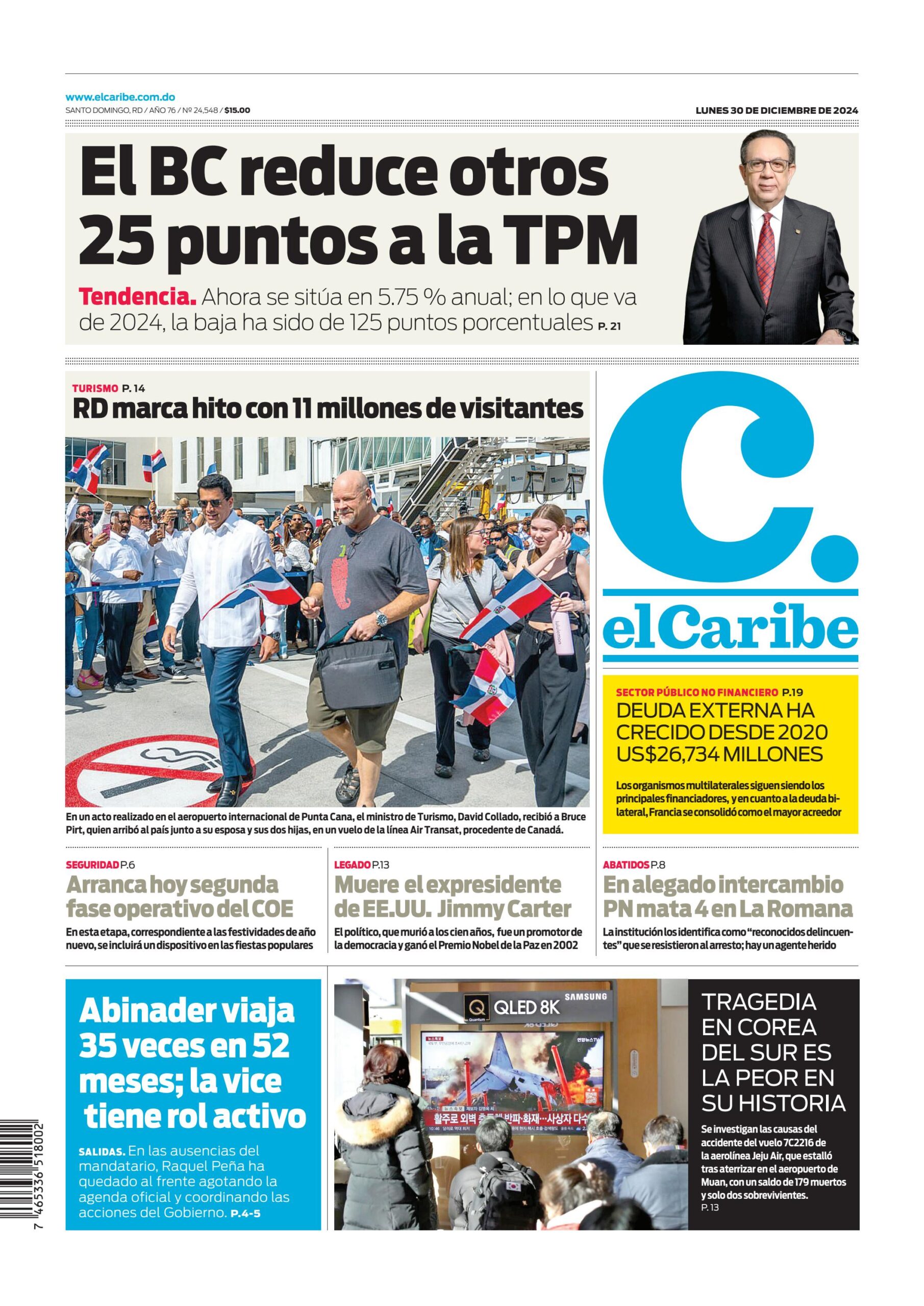 Portada Periódico El Caribe, Lunes 30 Diciembre, 2024