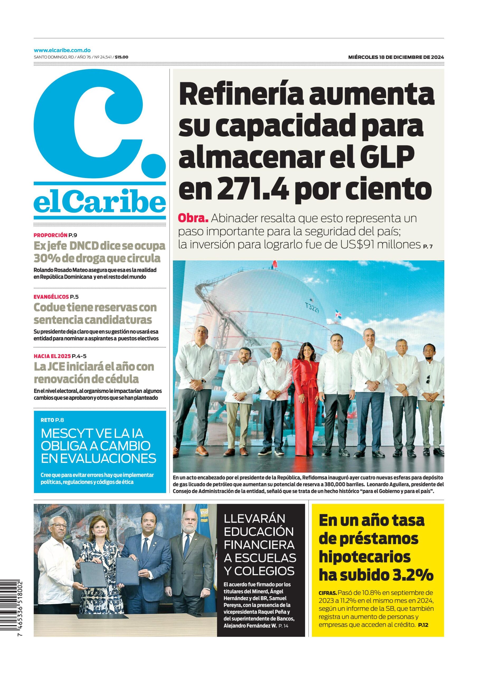 Portada Periódico El Caribe, Miércoles 18 Diciembre, 2024