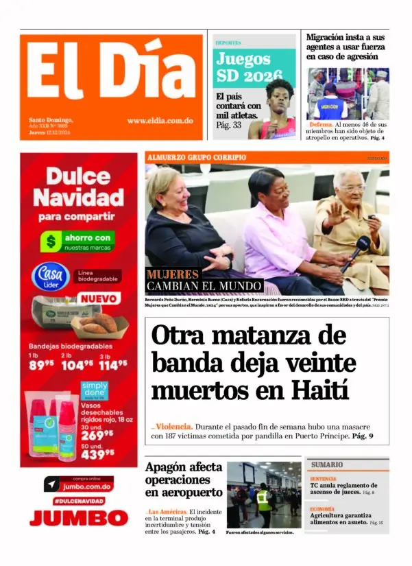 Portada Periódico El Día, Jueves 12 Diciembre, 2024