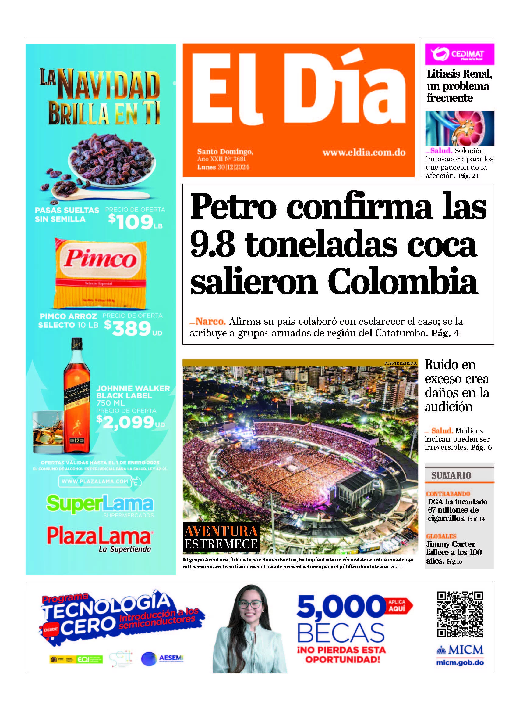 Portada Periódico El Día, Lunes 30 Diciembre, 2024