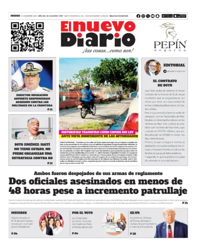 Portada Periódico El Nuevo Diario, Jueves 12 Diciembre, 2024