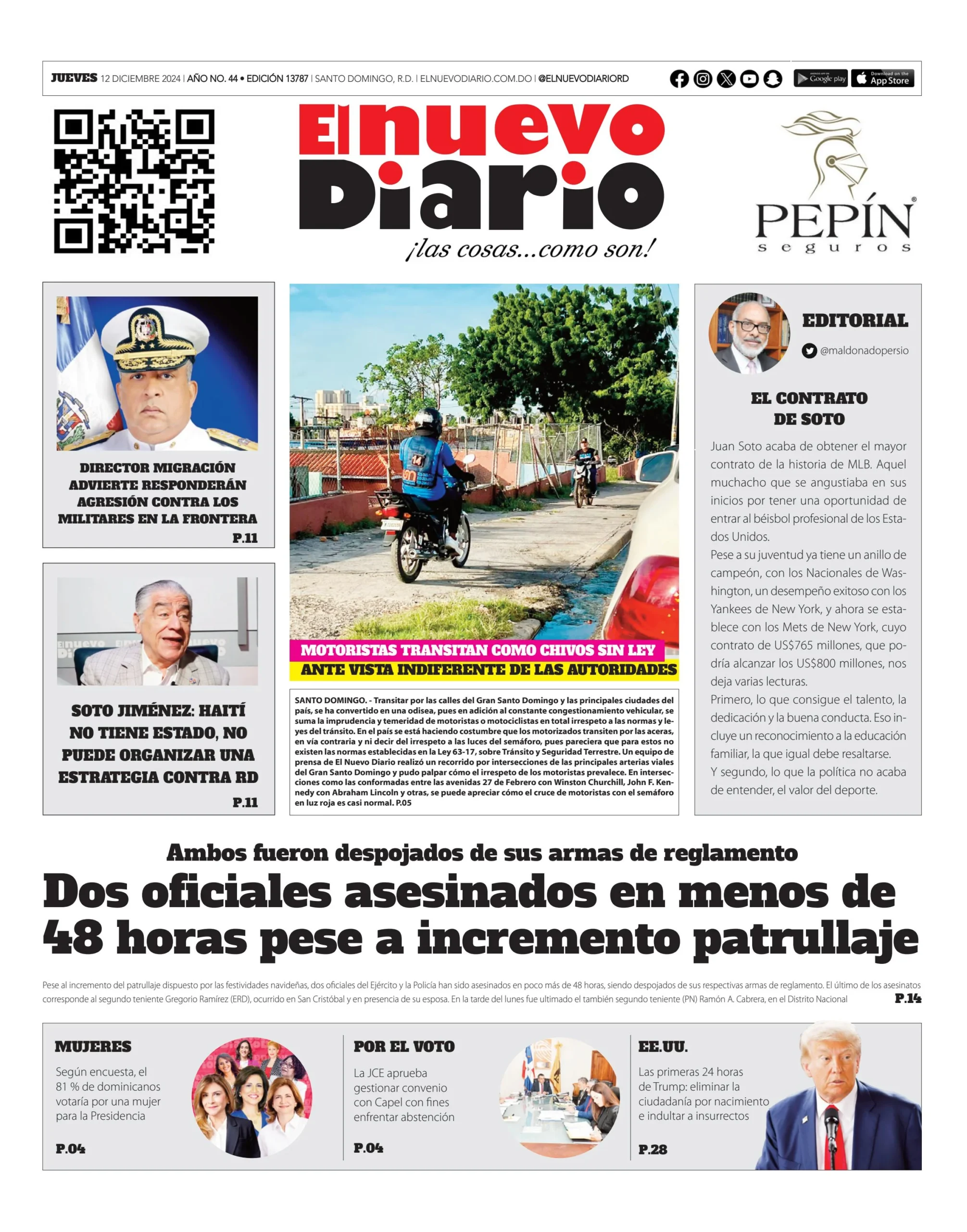 Portada Periódico El Nuevo Diario, Jueves 12 Diciembre, 2024