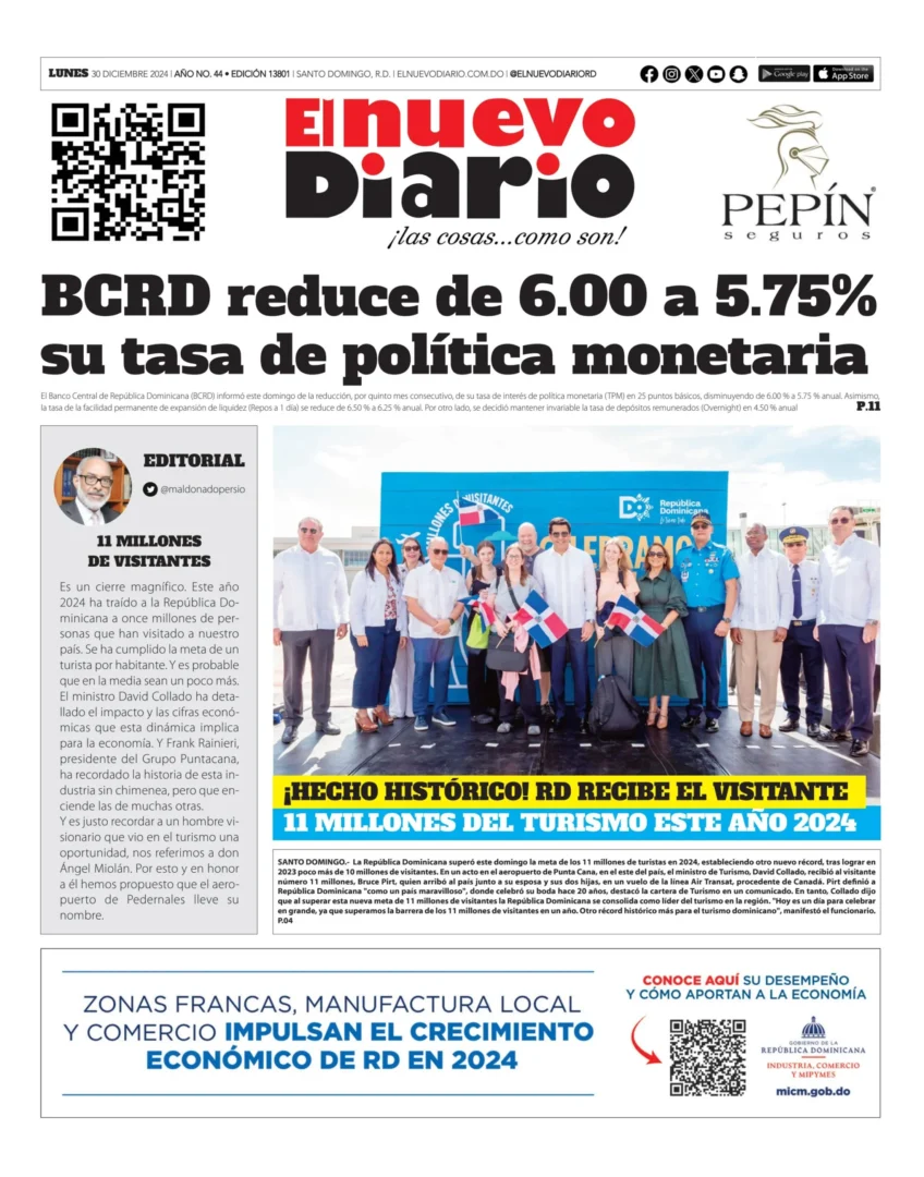 Portada Periódico El Nuevo Diario, Lunes 30 Diciembre, 2024