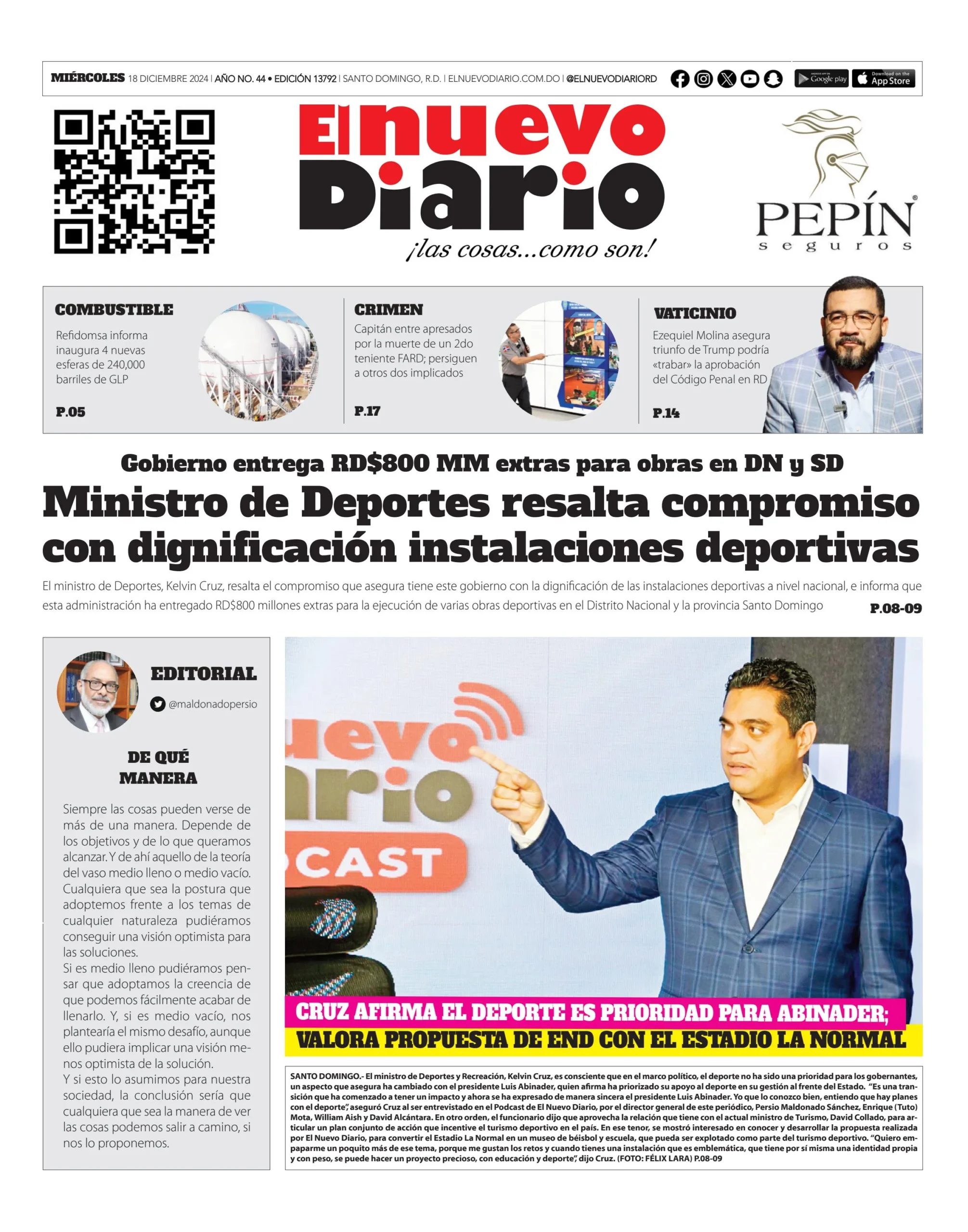 Portada Periódico El Nuevo Diario, Miércoles 18 Diciembre, 2024