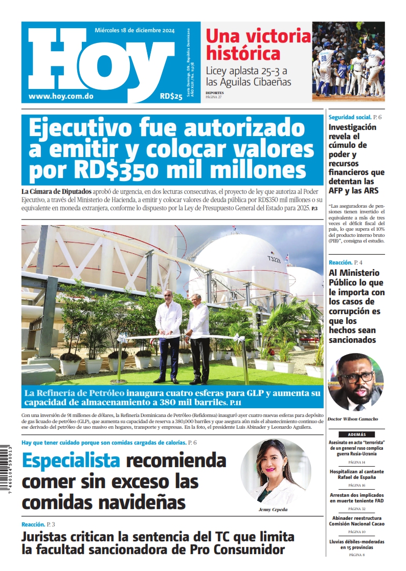 Portada Periódico Hoy, Miércoles 18 Diciembre, 2024