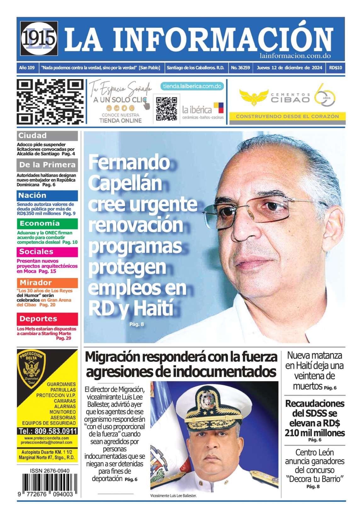 Portada Periódico La Información, Jueves 12 Diciembre, 2024