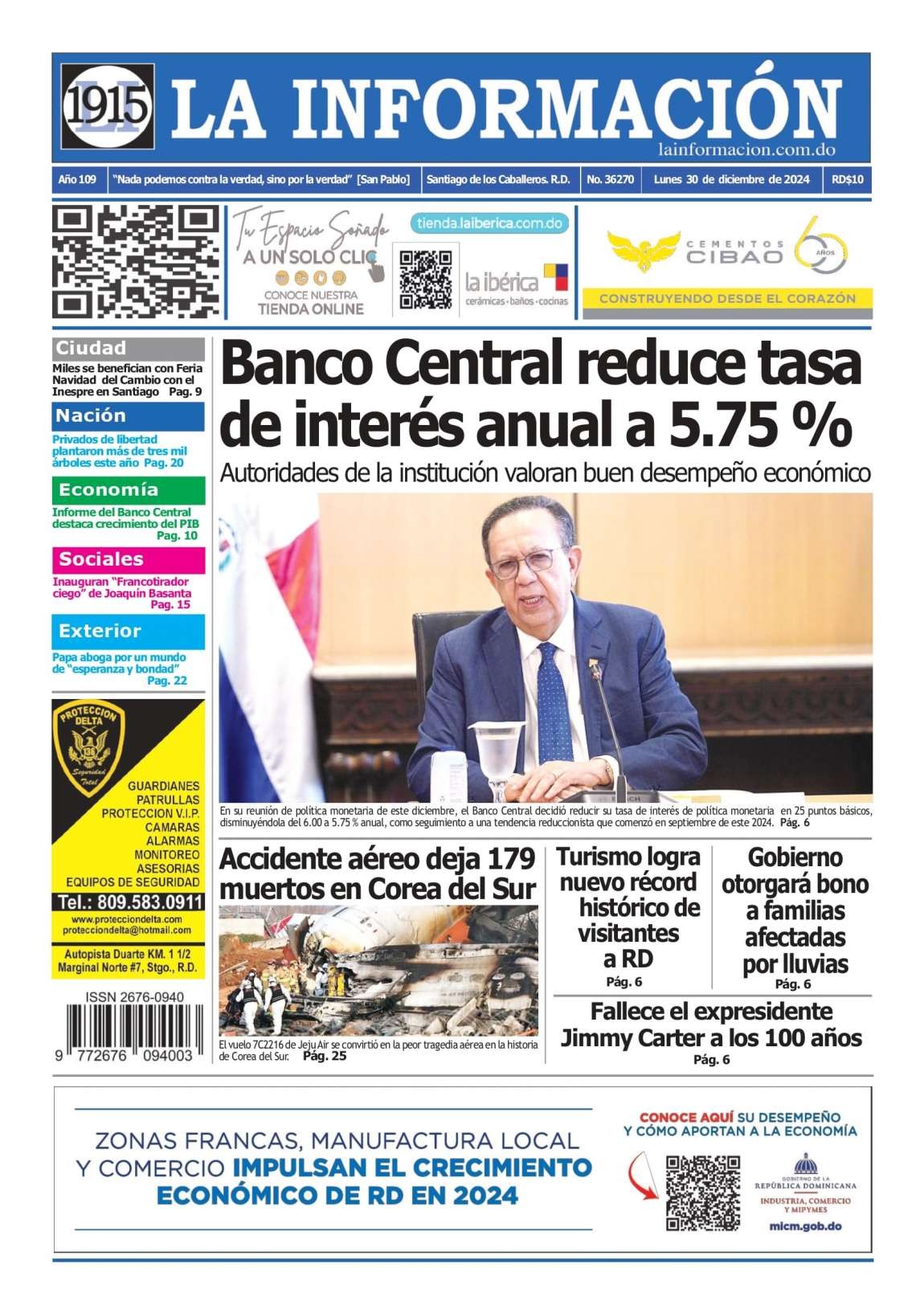 Portada Periódico La Información, Lunes 30 Diciembre, 2024