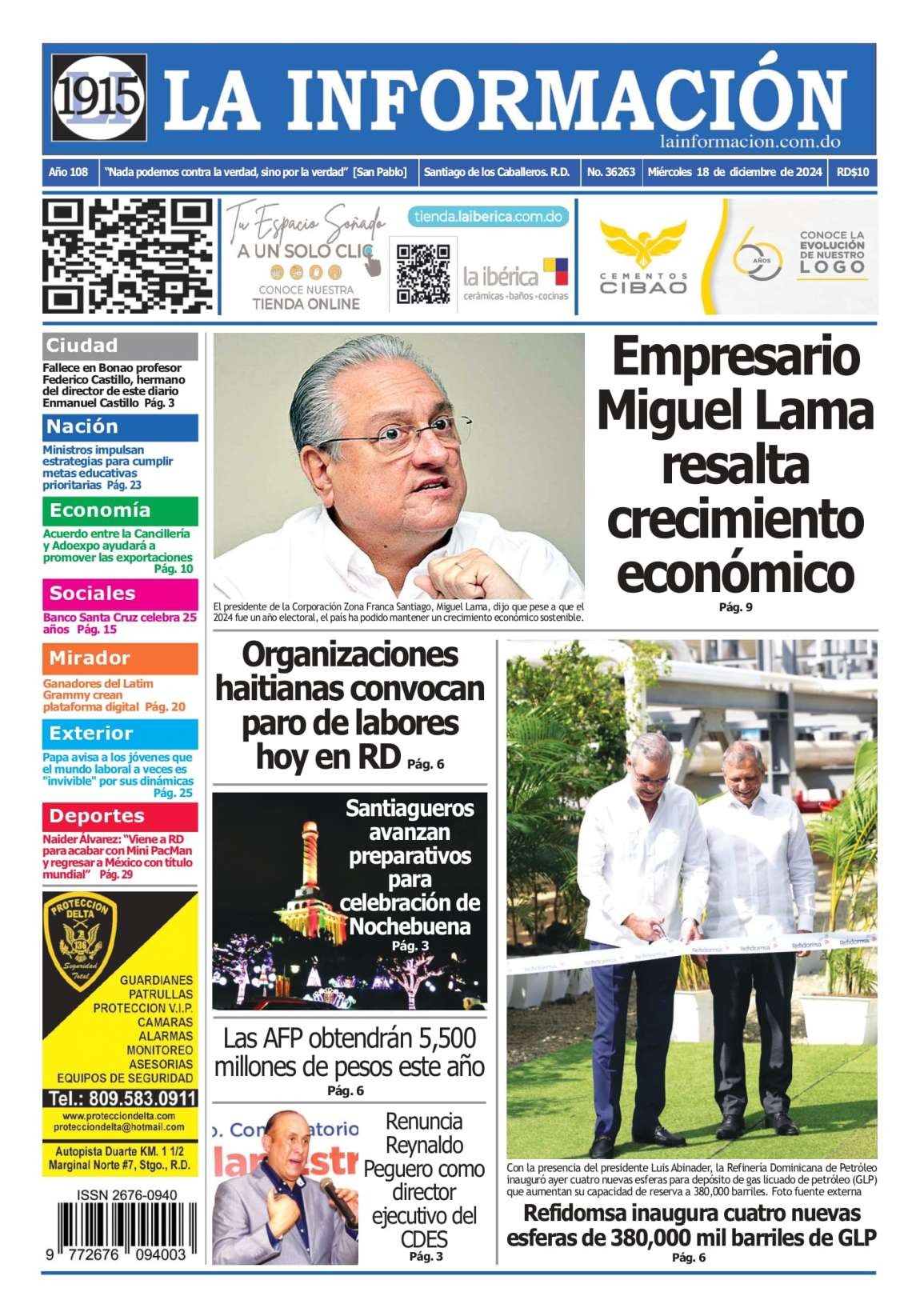 Portada Periódico La Información, Miércoles 18 Diciembre, 2024