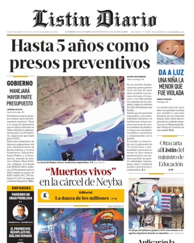 Portada Periódico Listín Diario, Jueves 12 Diciembre, 2024