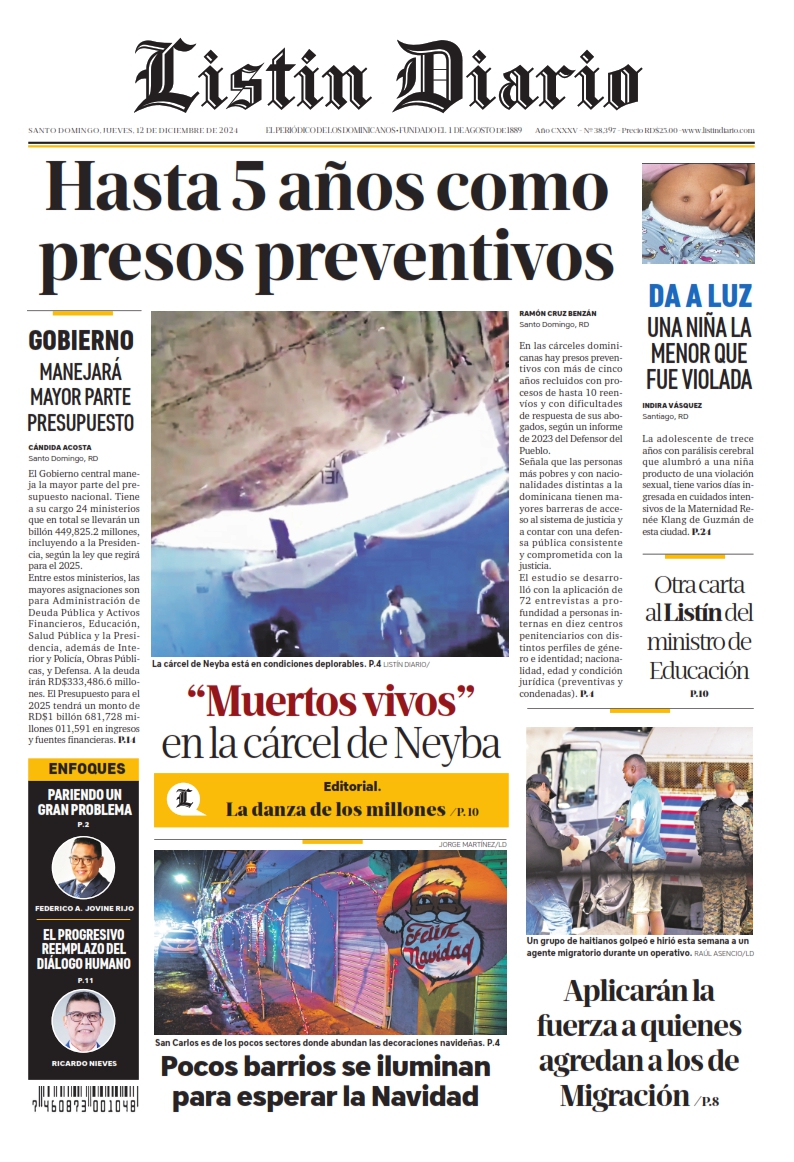 Portada Periódico Listín Diario, Jueves 12 Diciembre, 2024