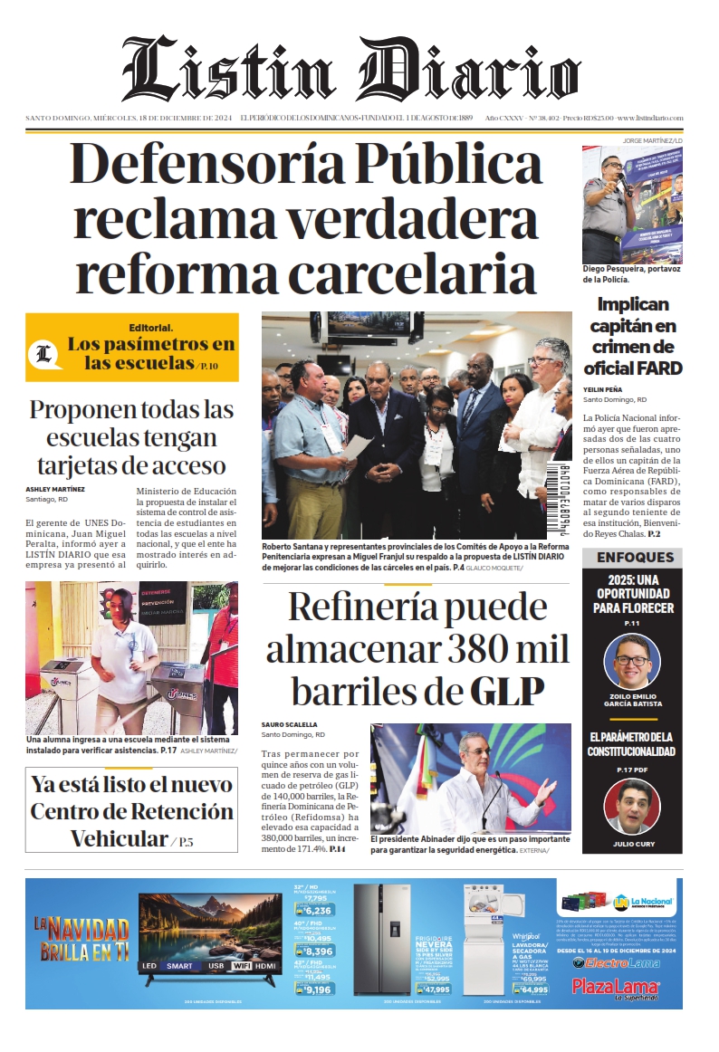 Portada Periódico Listín Diario, Miércoles 18 Diciembre, 2024