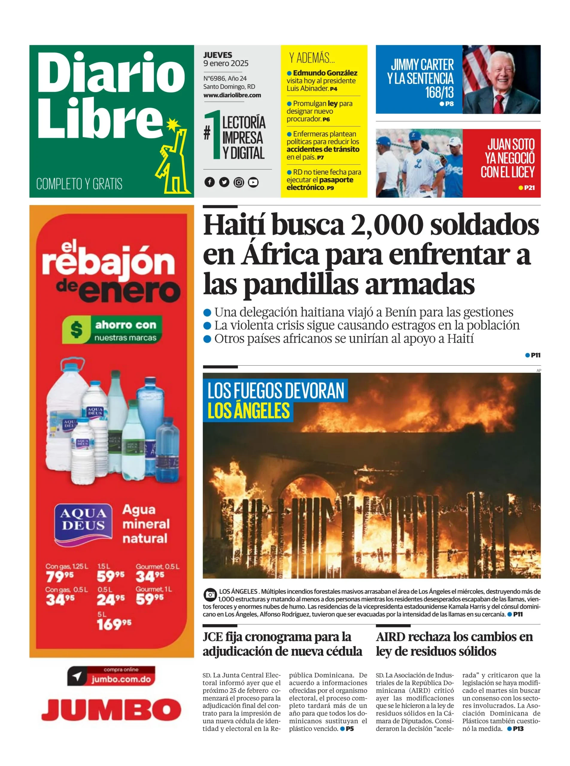 Portada Periódico Diario Libre, Jueves 09 Enero, 2025