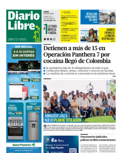 Portada Periódico Diario Libre, Lunes 13 Enero, 2025