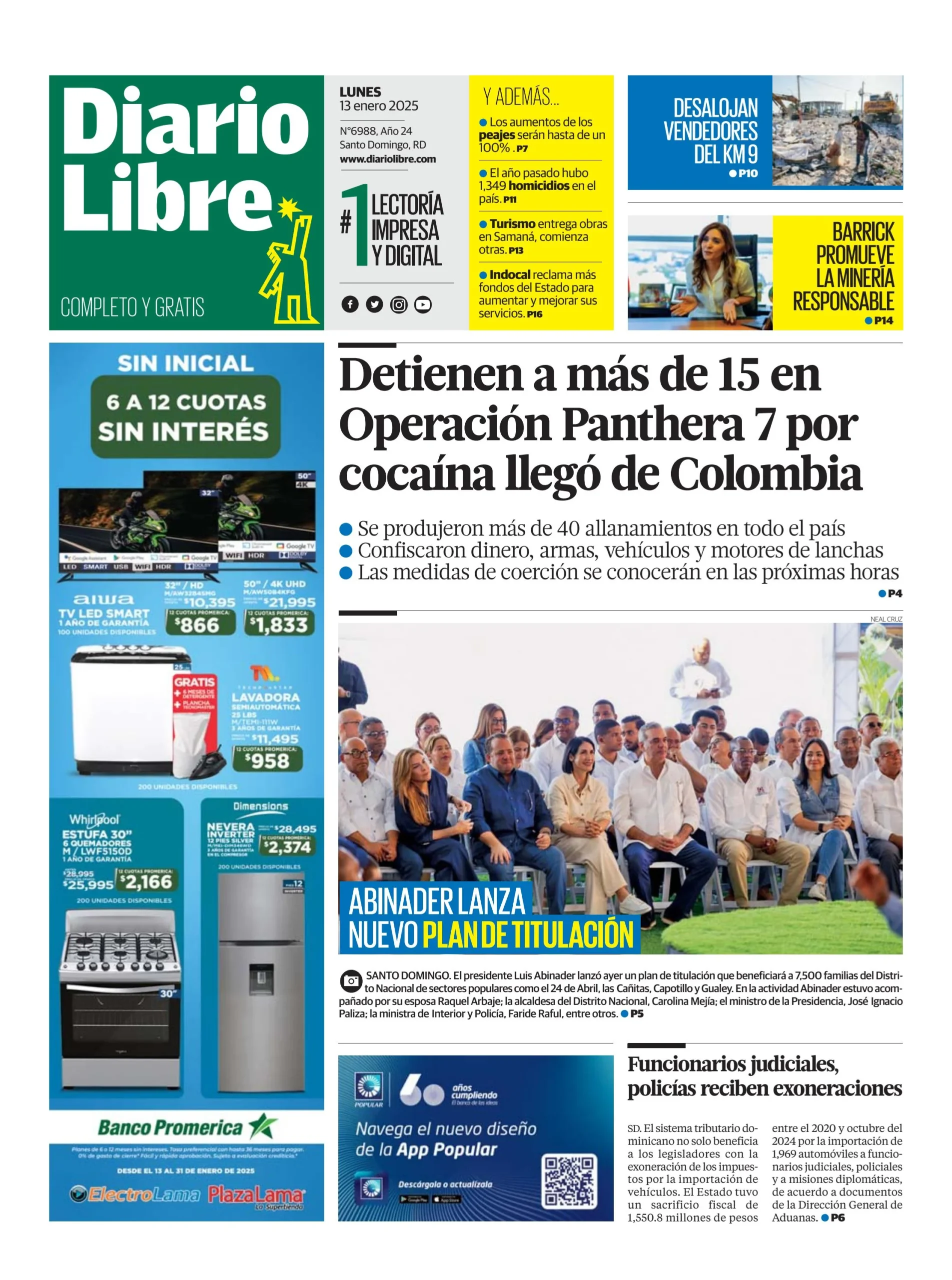 Portada Periódico Diario Libre, Lunes 13 Enero, 2025