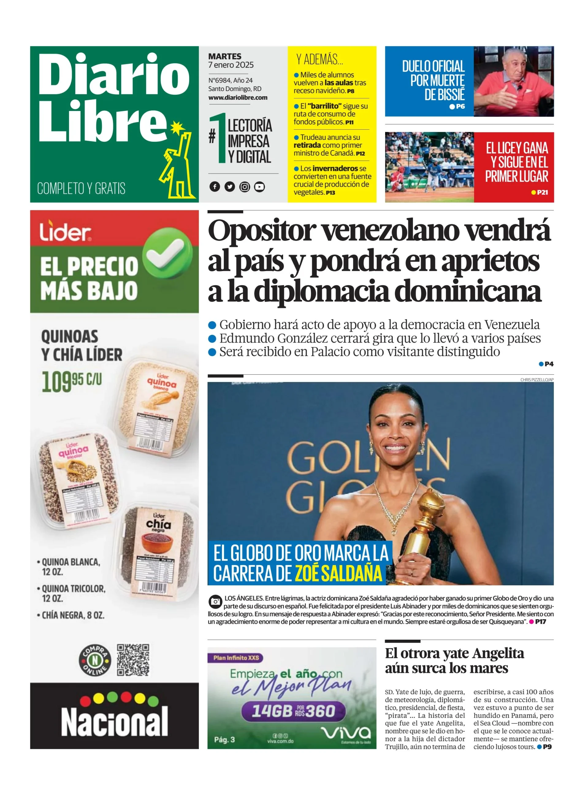 Portada Periódico Diario Libre, Martes 07 Enero, 2025