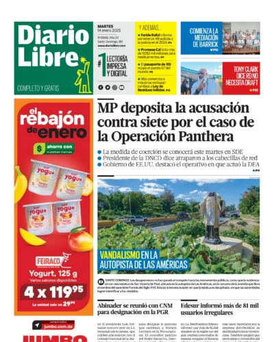 Portada Periódico Diario Libre, Martes 14 Enero, 2025