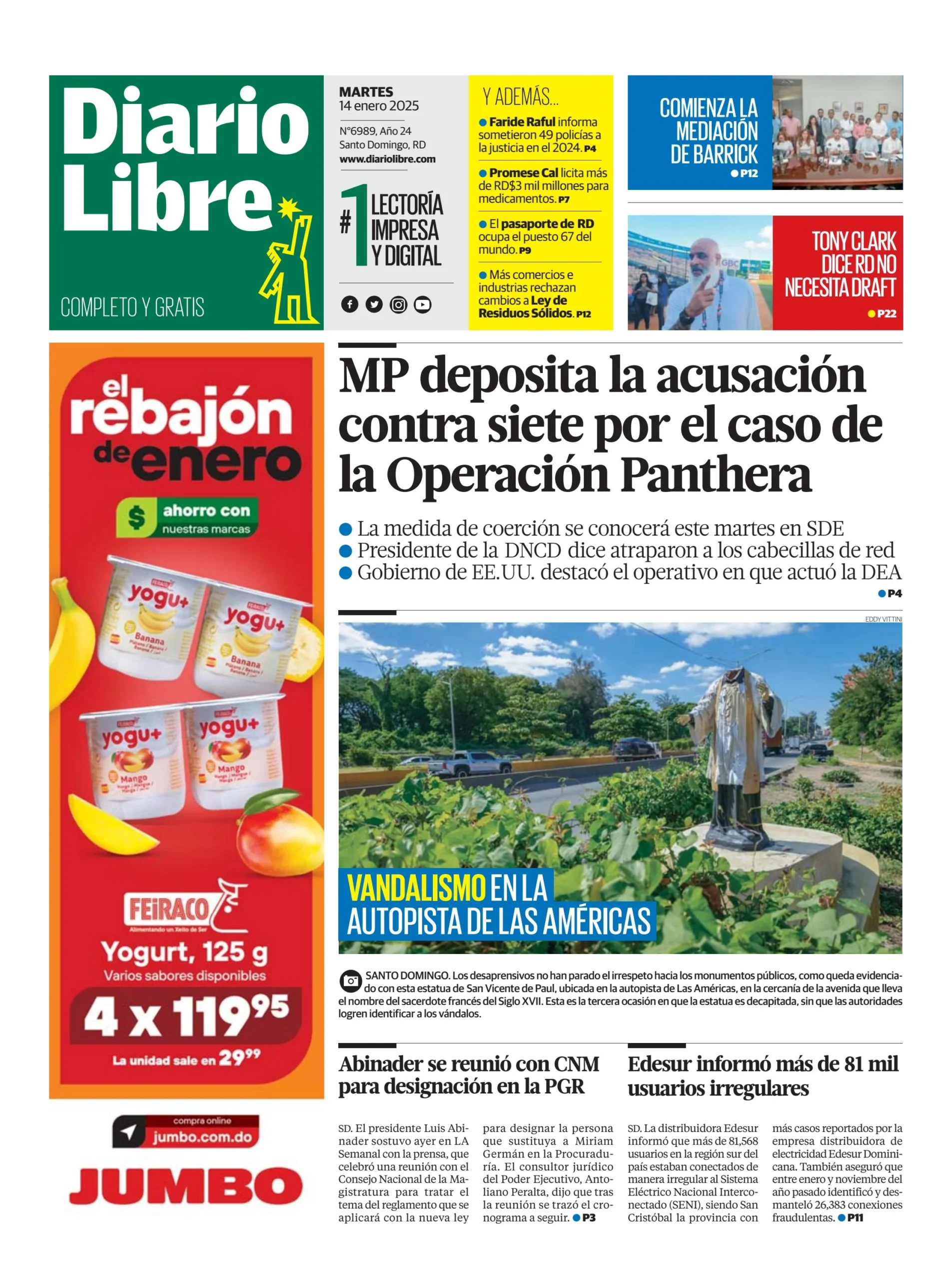 Portada Periódico Diario Libre, Martes 14 Enero, 2025