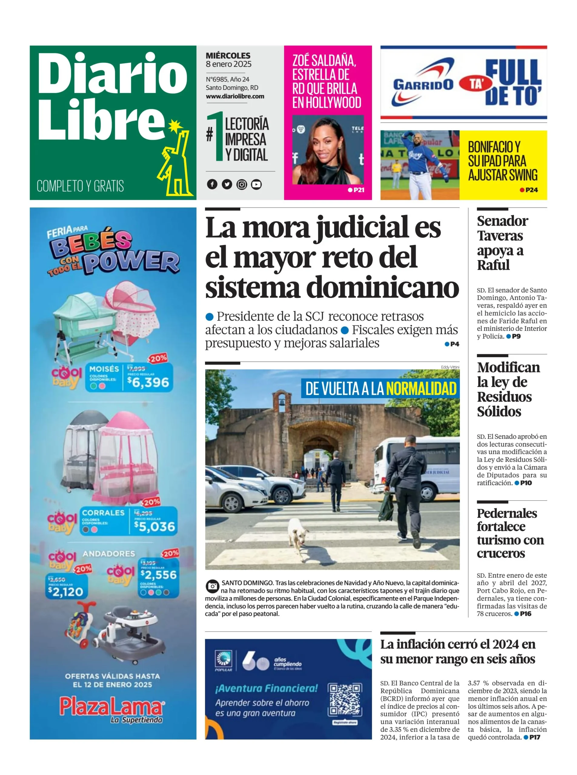 Portada Periódico Diario Libre, Miércoles 08 Enero, 2025