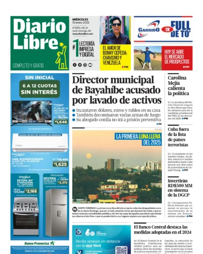 Portada Periódico Diario Libre, Miércoles 15 Enero, 2025