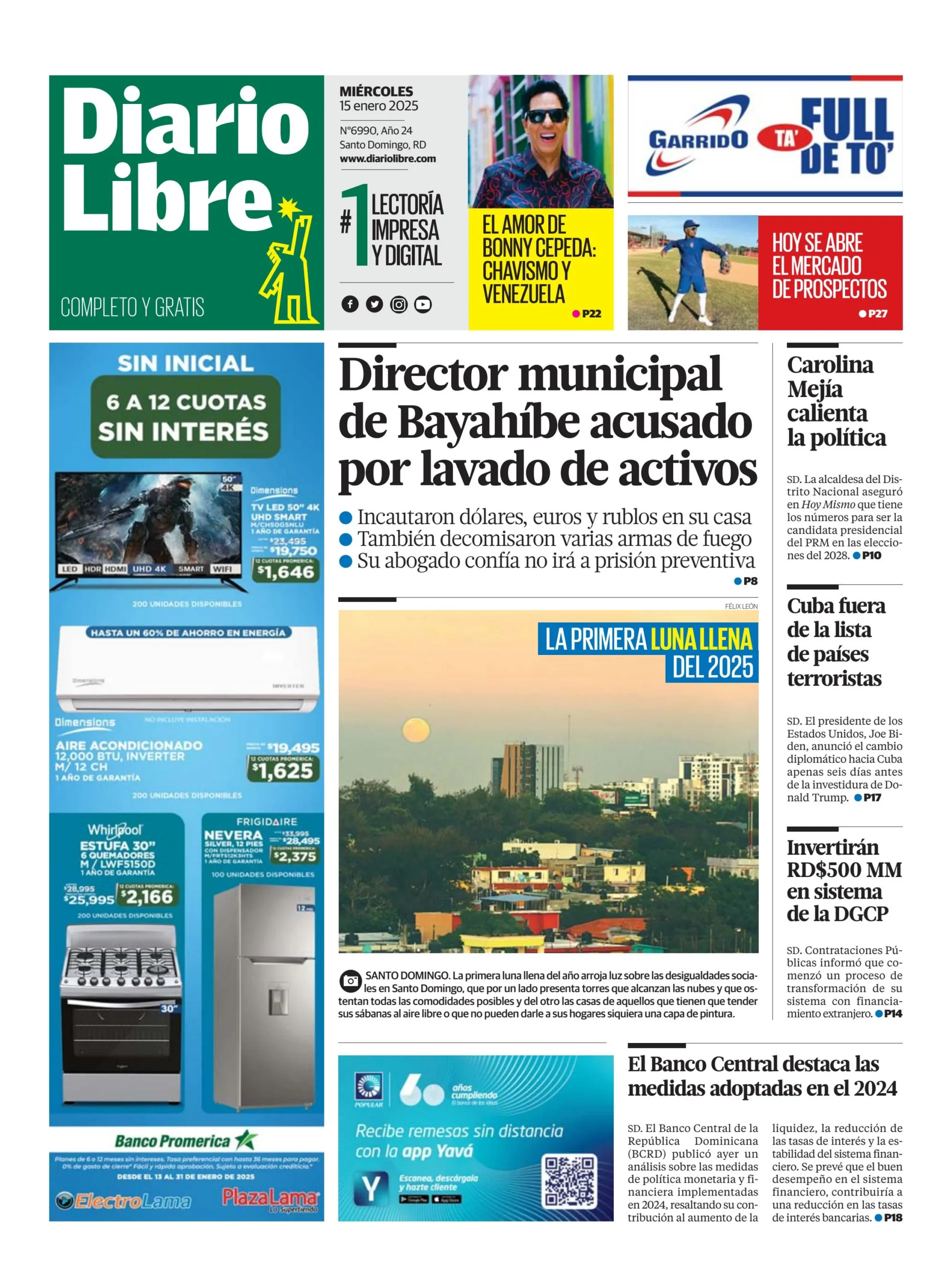 Portada Periódico Diario Libre, Miércoles 15 Enero, 2025