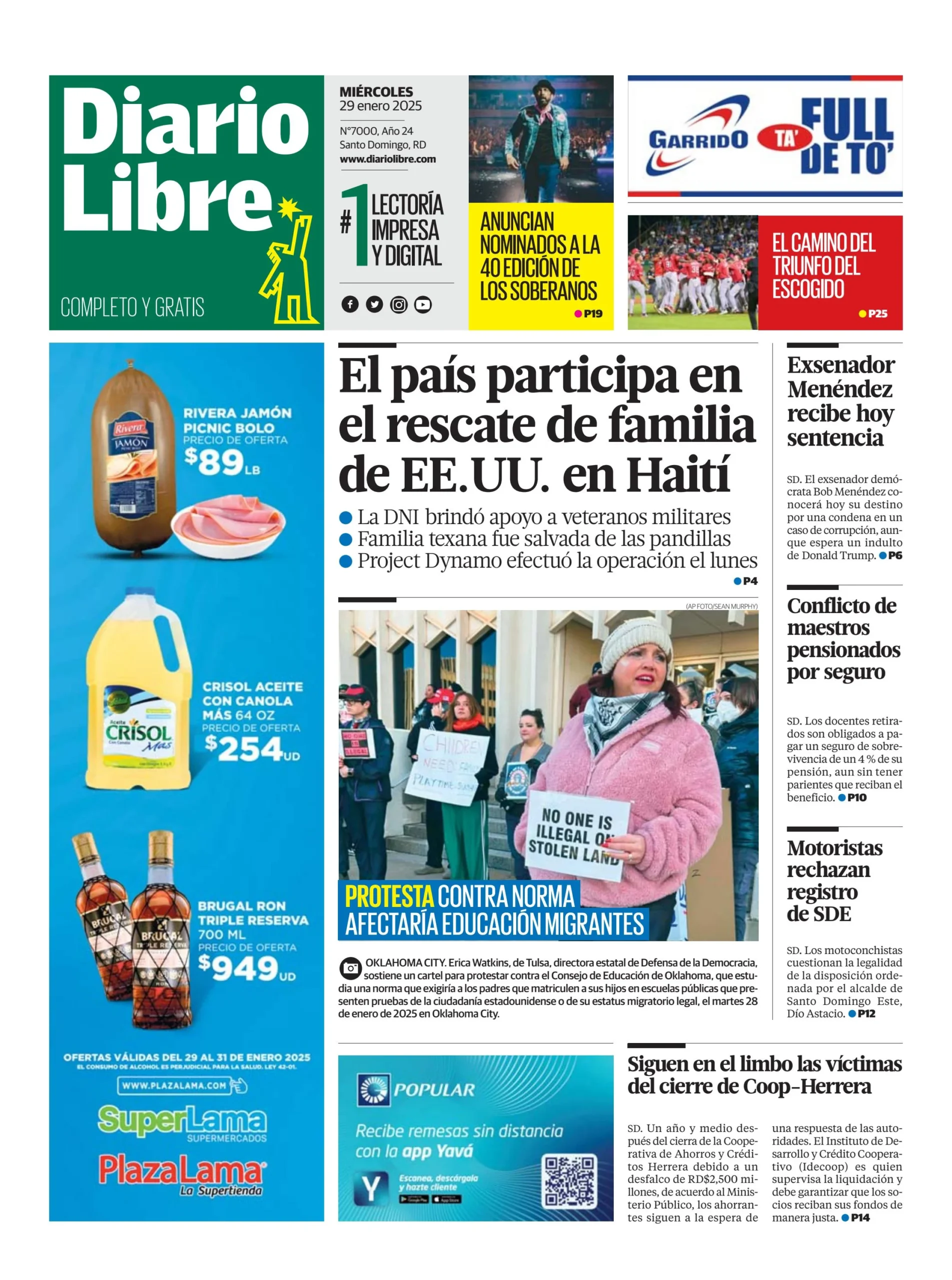 Portada Periódico Diario Libre, Miércoles 29 Enero, 2025