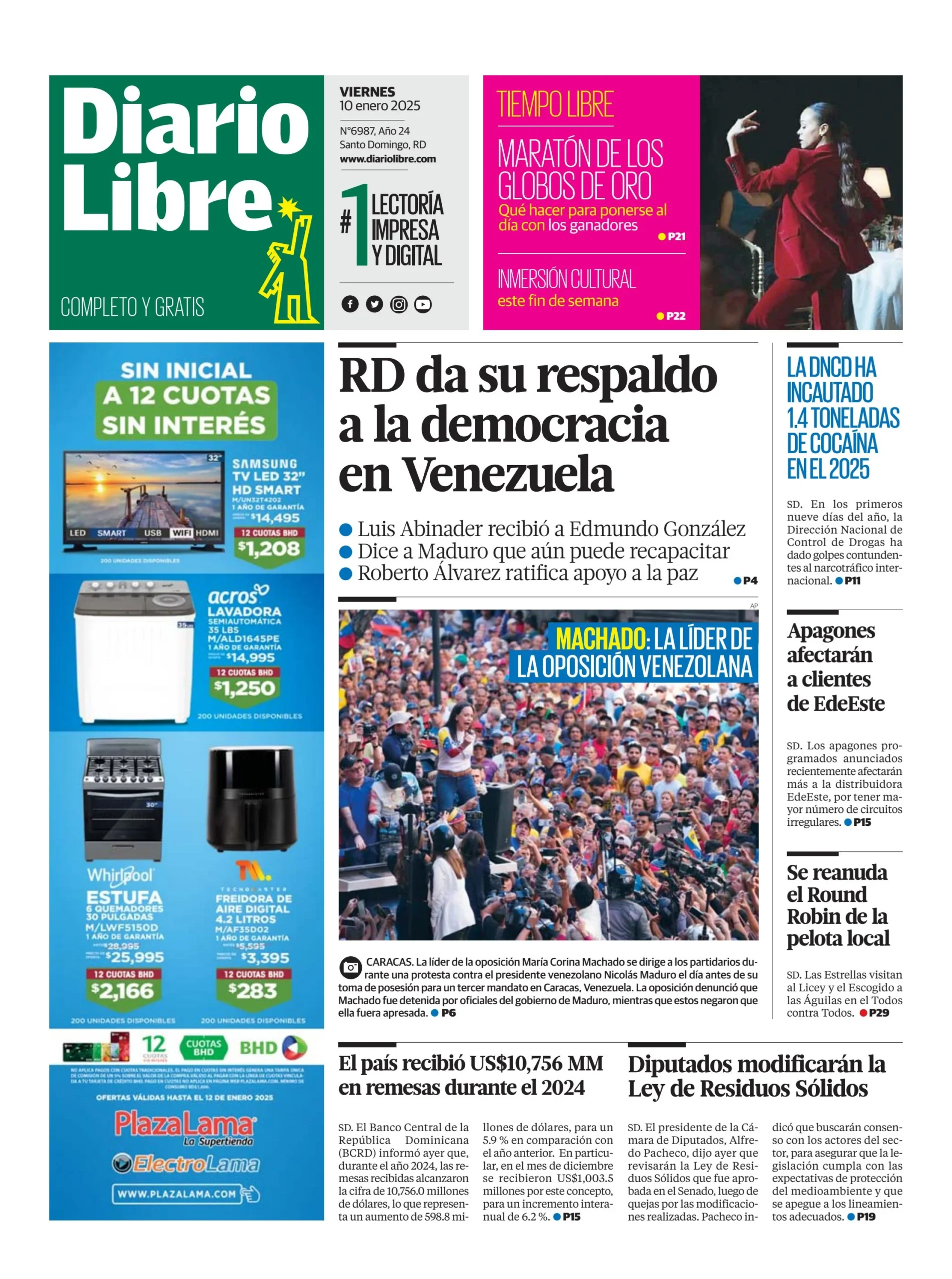 Portada Periódico Diario Libre, Viernes 10 Enero, 2025