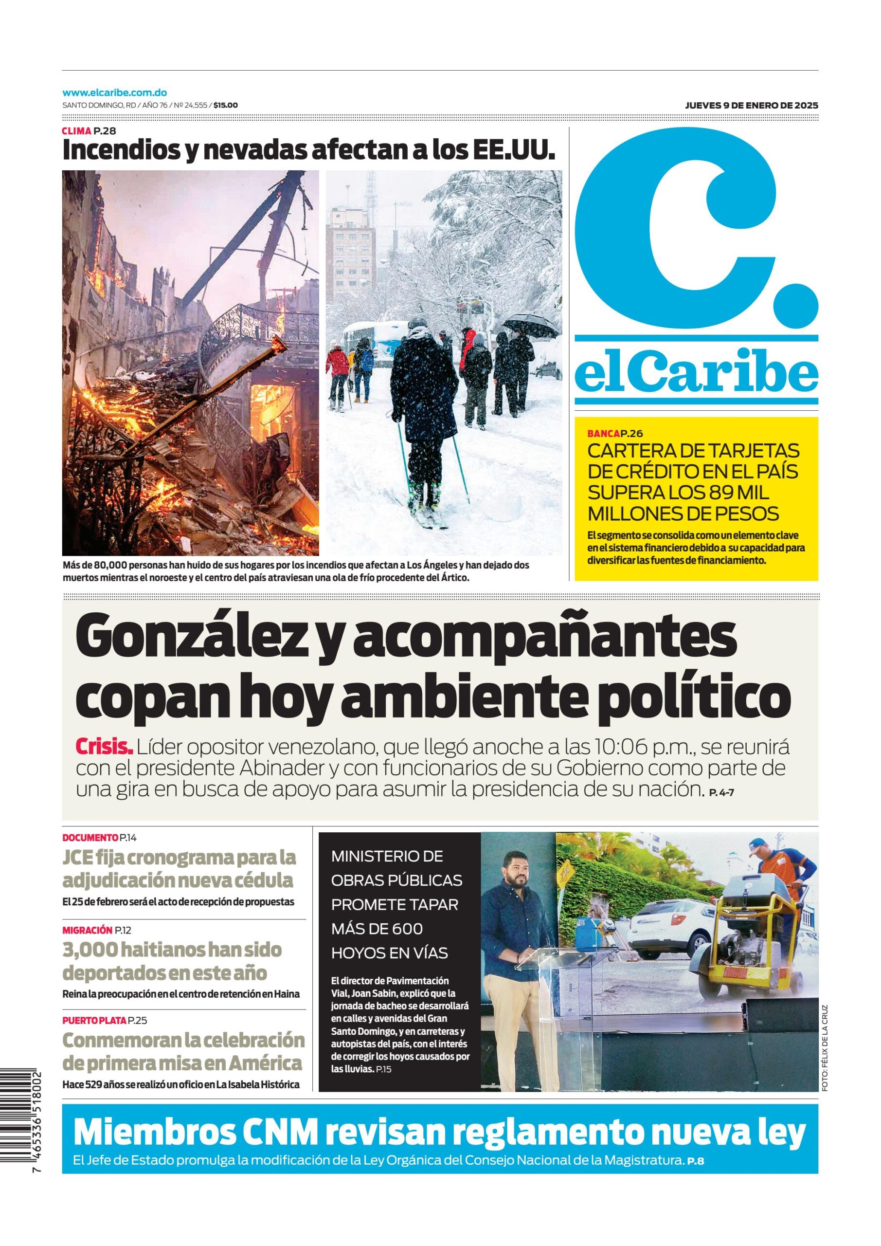 Portada Periódico El Caribe, Jueves 09 Enero, 2025