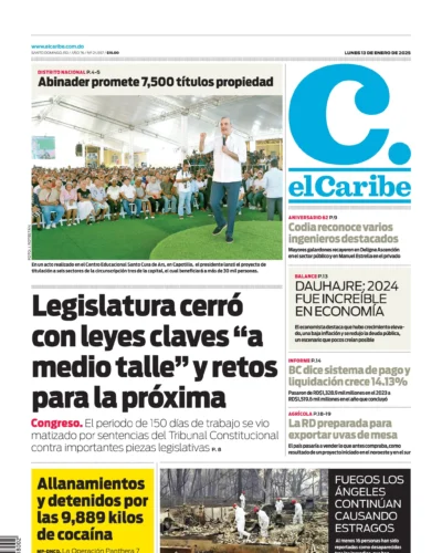 Portada Periódico El Caribe, Lunes 13 Enero, 2025