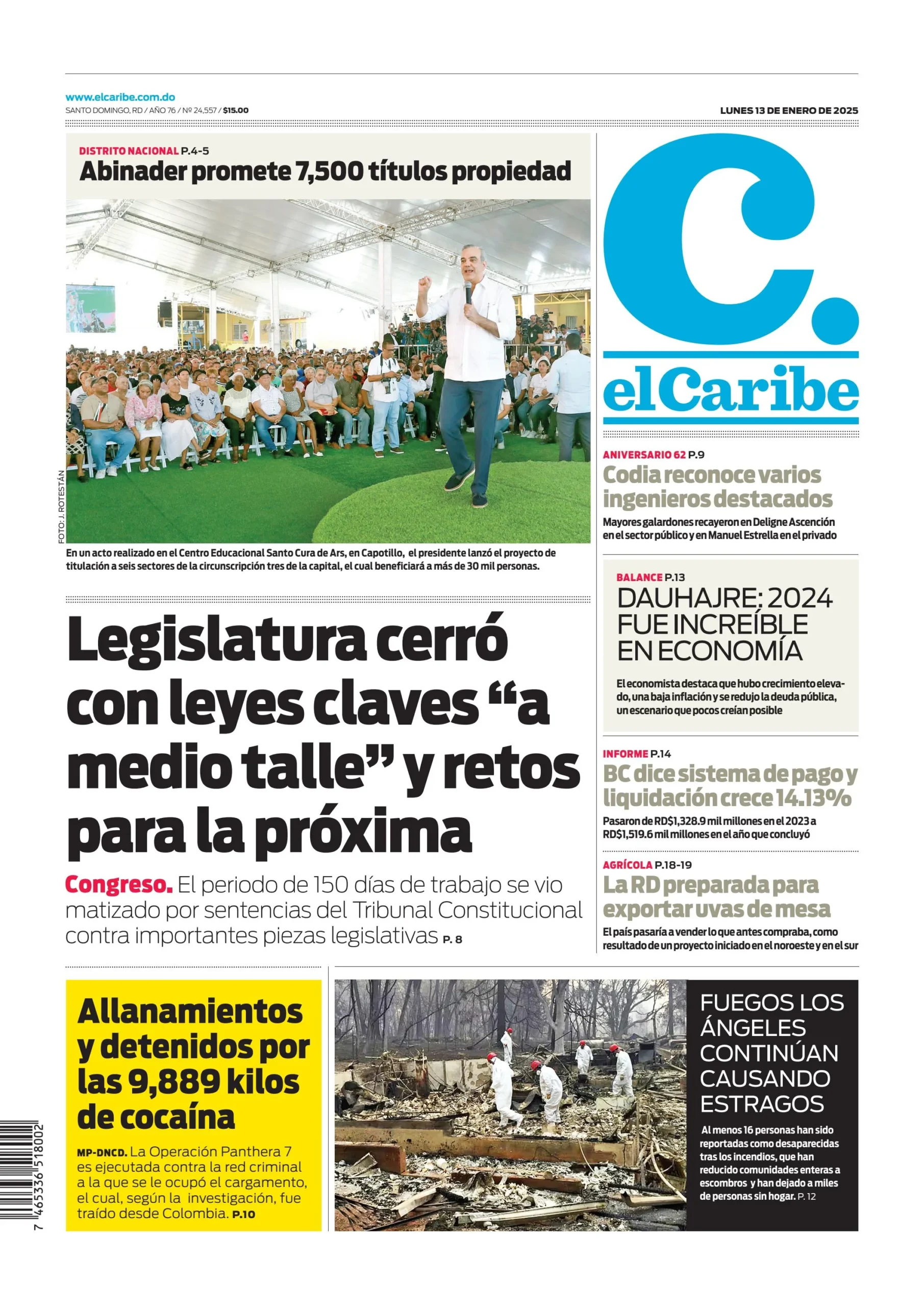 Portada Periódico El Caribe, Lunes 13 Enero, 2025