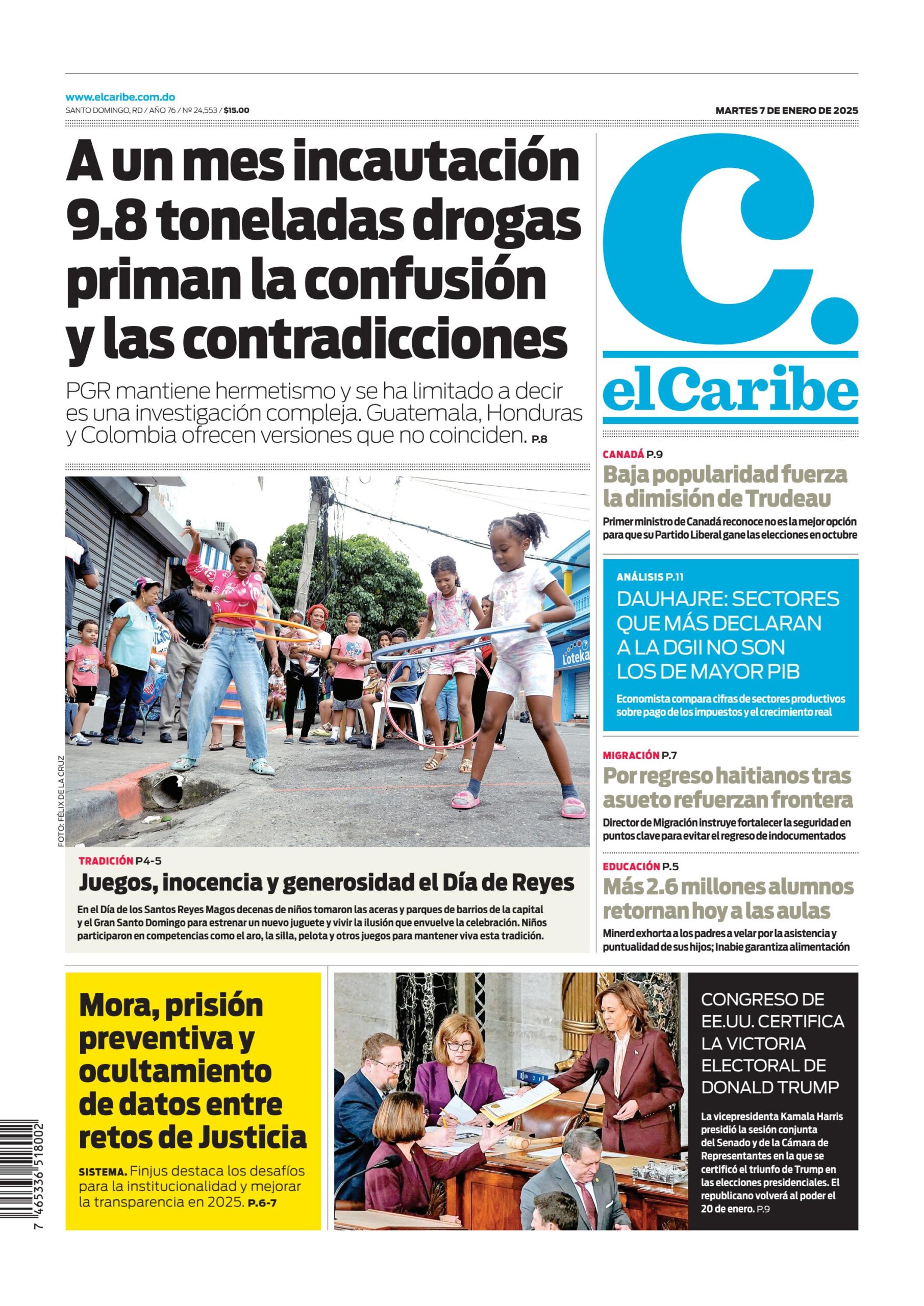 Portada Periódico El Caribe, Martes 07 Enero, 2025