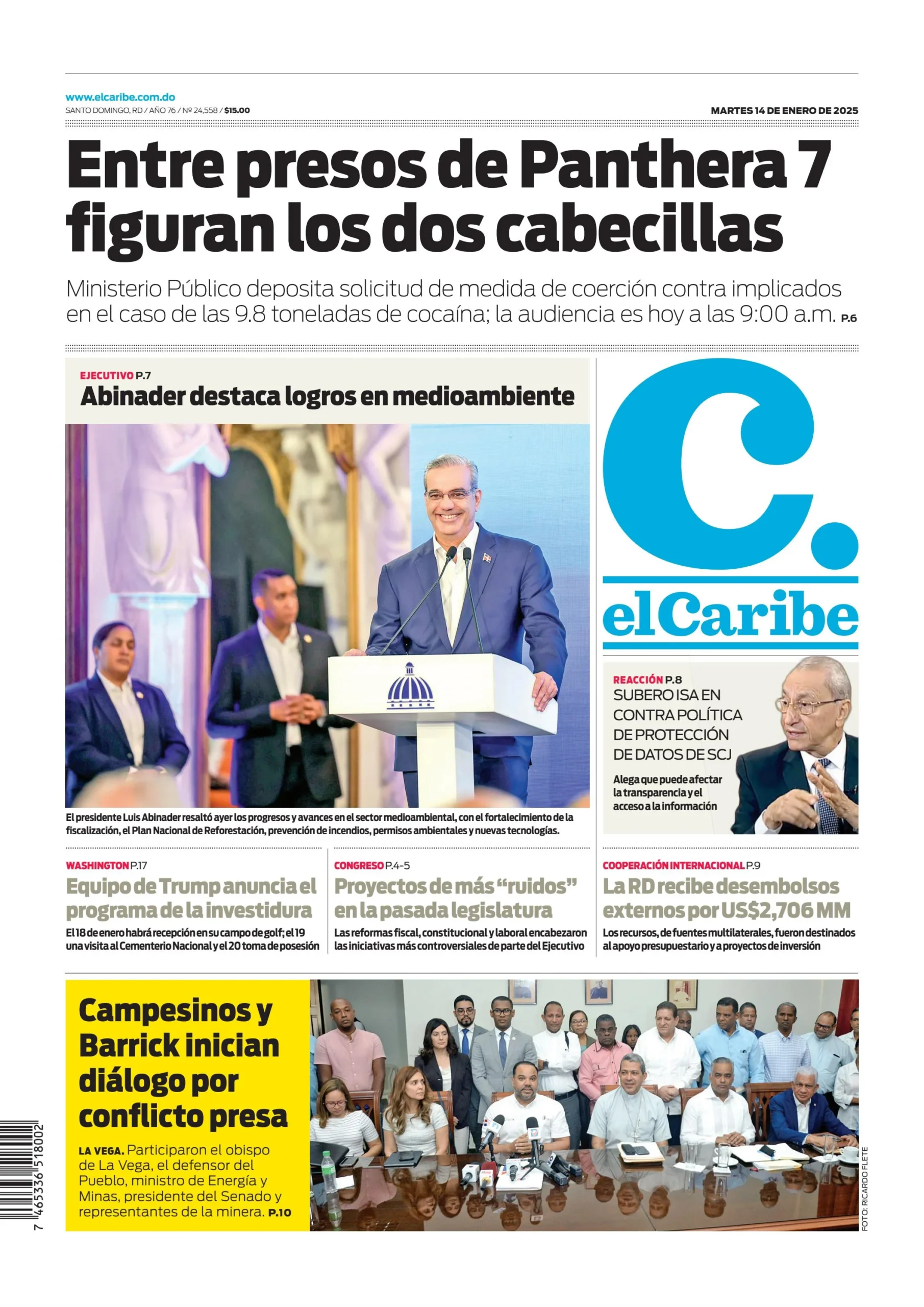 Portada Periódico El Caribe, Martes 14 Enero, 2025